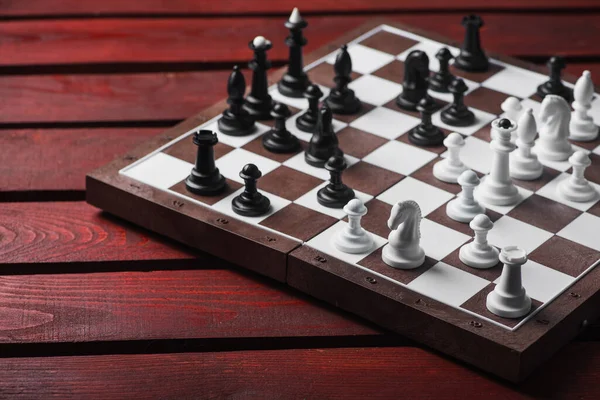 Chessboard Figures Wooden Red Table Chess Game Concept — Stock Photo, Image