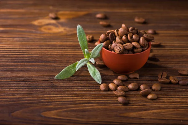 Roasted Coffee Beans Plate Stands Wood Table — Stock Photo, Image