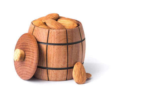 Seed Almonds Wooden Barrel Isolated White Background — Stock Photo, Image