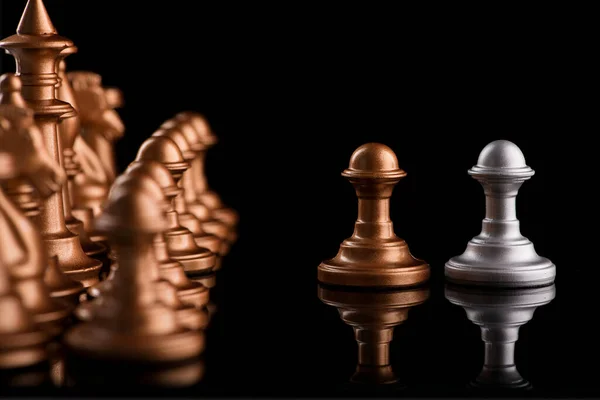 Confrontation Chess Pawns Gold Silver Figure Black Background Reflection — Stock Photo, Image