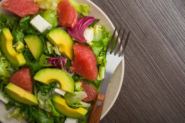 Dieta Saludable Comida Con Frutas Verduras Ensalada Mesa Madera —  Fotos de Stock