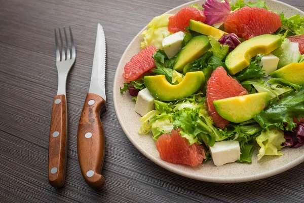 Alimentation Saine Nourriture Avec Salade Fruits Légumes Sur Table Bois — Photo