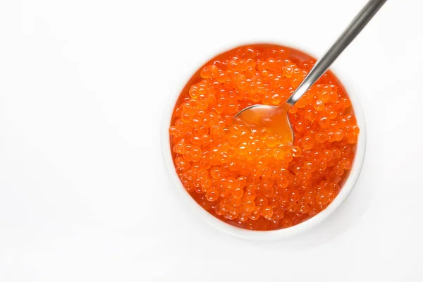 Caviar Rojo Tazón Aislado Sobre Fondo Blanco Comida Mariscos Vista —  Fotos de Stock