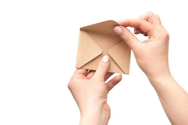 Female Hand Holds Vintage Old Envelope Isolated White Background — Stock Photo, Image