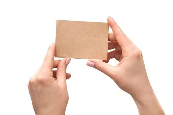 Woman Hand Holding Old Paper Card Isolated White Background — Stock Photo, Image