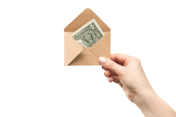Obálka Penězi Ruce Izolovaná Bílém Pozadí Peněžitá Pomoc Při Půjčování — Stock fotografie