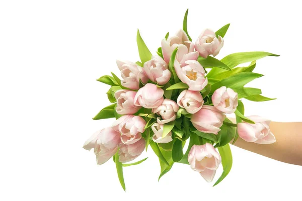 Frau Hält Einen Strauß Tulpen Isoliert Auf Weißem Hintergrund — Stockfoto