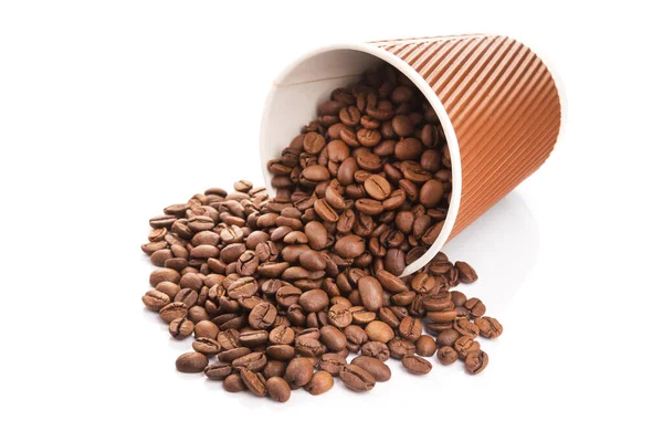 Paper Cup Filled Coffee Beans White Background Take Away Drink — Stock Photo, Image