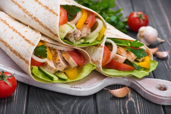 Three Tacos Wraps Grilled Chicken Fresh Vegetables Wooden Board Mexican — Stock Photo, Image