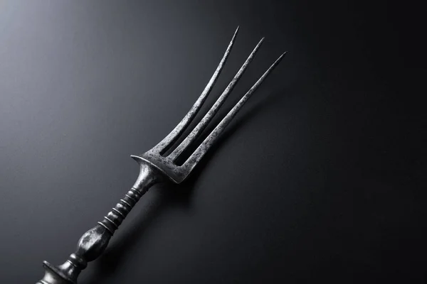 Metal Vintage Fork Meat Steak Black Background — Stock Photo, Image