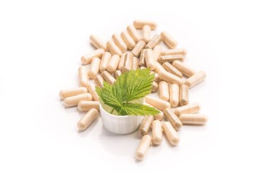 Yeşil yapraklı bitkisel tıbbi kapsül beyaz arka planda izole edilmiş. Doğal malzemeli haplar..