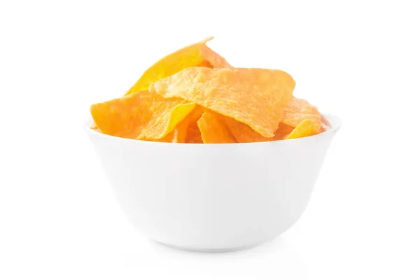 White Bowl Golden Tasty Nacho Chips White Background — Stock Photo, Image