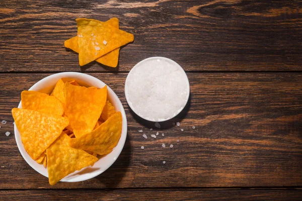 Mexican Nacho Chips Bowl Wooden Table — Stock Photo, Image