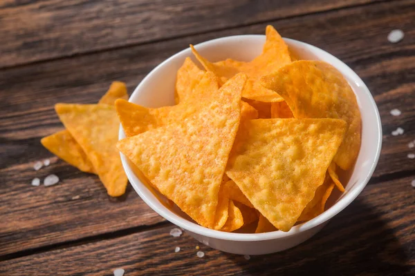 Mexican Nacho Chips Bowl Wooden Table — Stock Photo, Image