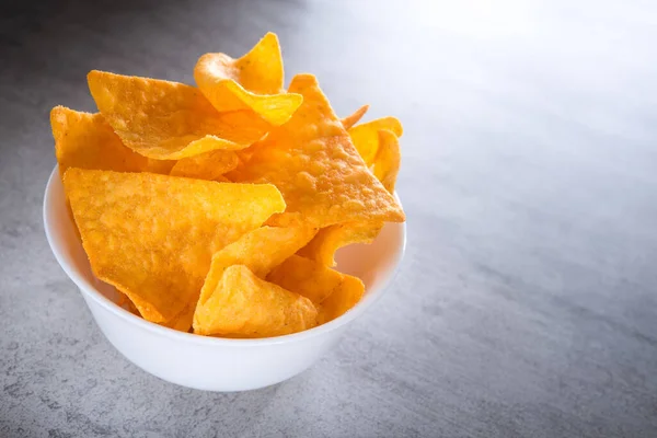 Golden Corn Nachos Chips Bowl Stone Table — Stock Photo, Image