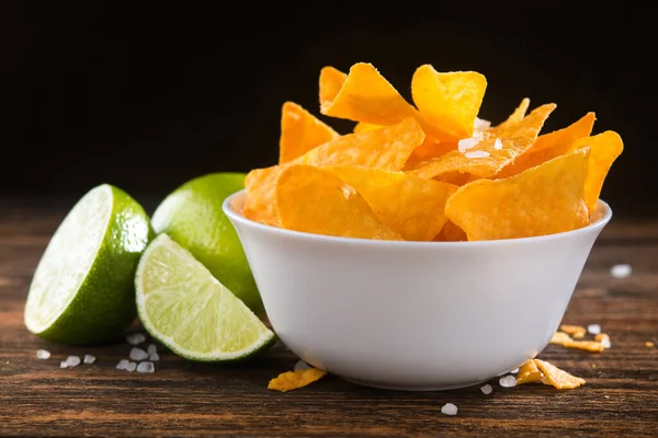 Golden Corn Nachos Chips Bowl Lime Wooden Table — Stock Photo, Image