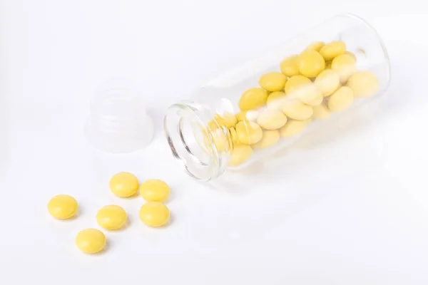 Yellow Pills Glass Bottle Isolated White Background — Stock Photo, Image