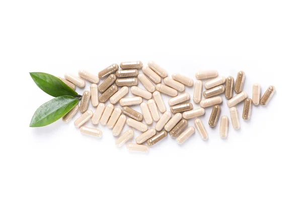 Herd Medical Pills Capsule Green Leaves Isolated White Background Top — Stock Photo, Image