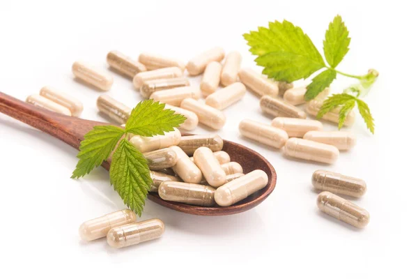 Herbal Medical Capsule Green Leaf Isolated White Background Pills Natural — Stock Photo, Image