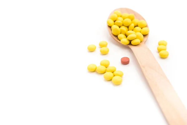 Yellow Vitamin Pills Spoon Isolated White Background — Stock Photo, Image