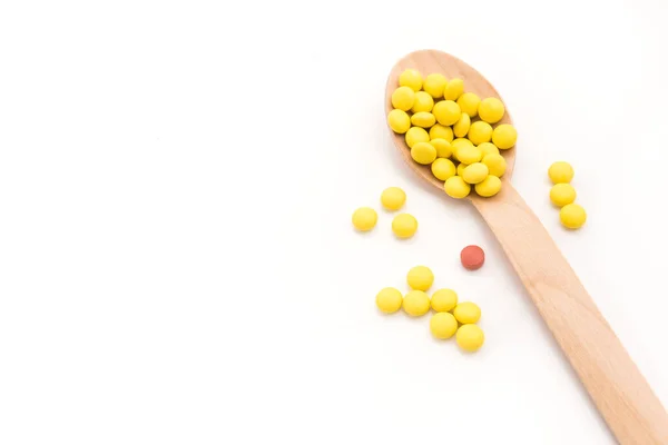 Yellow Vitamin Pills Spoon Isolated White Background — Stock Photo, Image