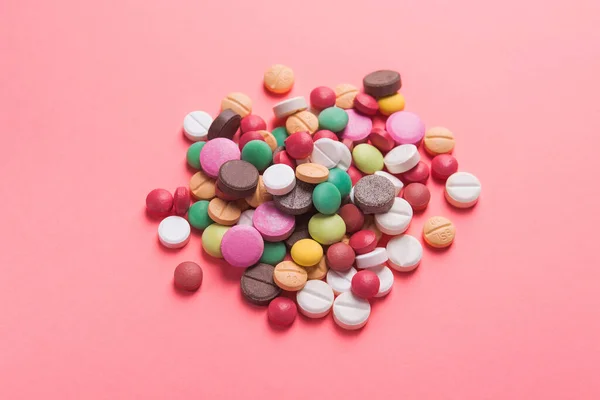 Pile Colored Pills Capsule Tablets Pastel Pink Background — Stock Photo, Image