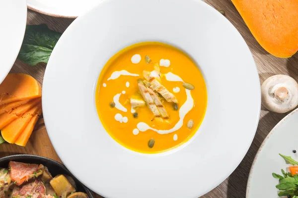 Soupe Citrouille Poulet Nourriture Automne Vue Dessus — Photo