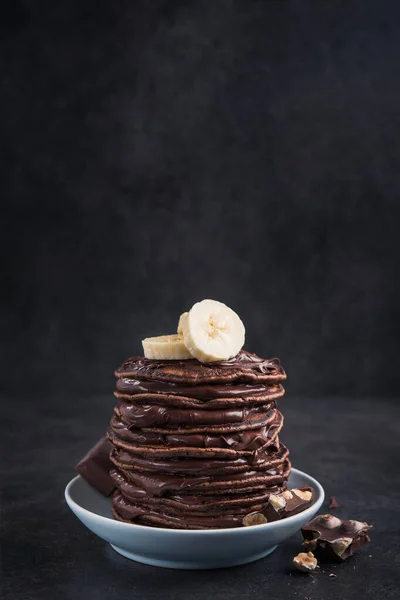 Sweet Chocolate Pancake Banana Stone Background High Calorie Breakfast Junk — Stock Photo, Image