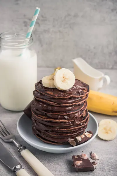 Sweet Chocolate Pancake Banana Stone Background High Calorie Breakfast Junk — Stock Photo, Image