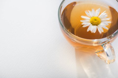 Beyaz arka planda papatya çiçekli bitki çayı. Sağlıklı bir içki. metin için yer