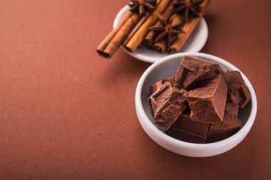 Çikolata ve baharat parçacıkları tarçın, kahverengi arka planda beyaz kâse üzerinde Badian..