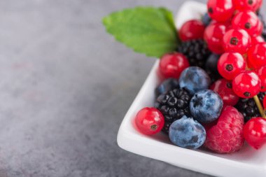 Taze böğürtlen, üzümlü, yaban mersinli, ahududu arkaplanlı. Vitamin karışımı. Boşluk metni kopyala