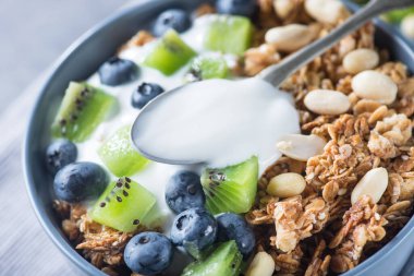 Mısır gevreğiyle sağlıklı kahvaltı yabanmersinli, kivili, yoğurtlu ve mavi kasede yer fıstıklı. Günaydın tatlı tatlı atıştırmalık.