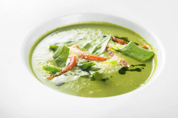 Sopa Crema Verde Vegana Saludable Espinacas Plato Blanco —  Fotos de Stock