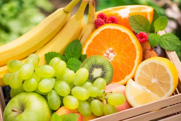 庭の背景にバナナ リンゴ ブドウ 緑のキウイと新鮮な果物のバスケット 健康とビタミン食品 夏の収穫 — ストック写真