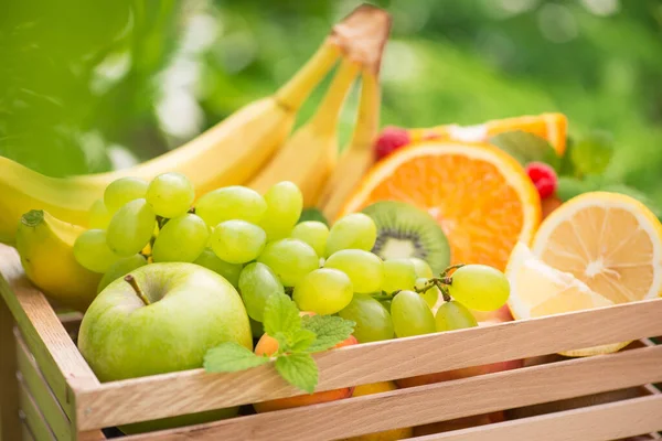 Basket Fresh Fruits Banana Apple Grapes Green Kiwi Garden Background — Stock Photo, Image