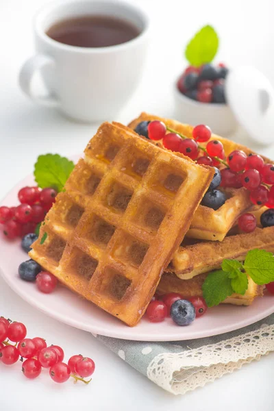 Böğürtlenli, üzümlü ve üzümlü tatlı Belçika waffle 'ı ve beyaz arka planda çay içeceği. Lezzetli kalori kahvaltısı..
