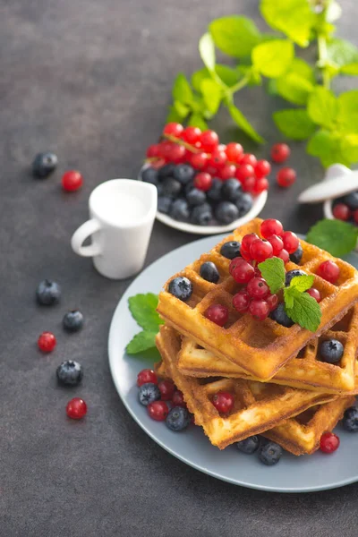 Yaban mersinli, üzümlü ve üzümlü tatlı Belçika waffle 'ı. Taş bir masada yeşil nane. Lezzetli sabah kahvaltısı.