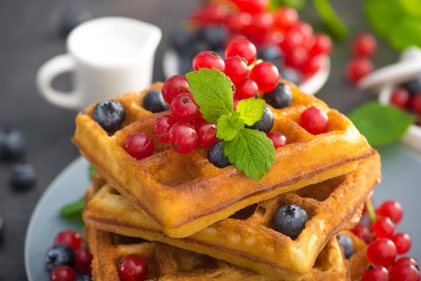 Yaban mersinli, üzümlü ve üzümlü tatlı Belçika waffle 'ı. Taş bir masada yeşil nane. Lezzetli sabah kahvaltısı.