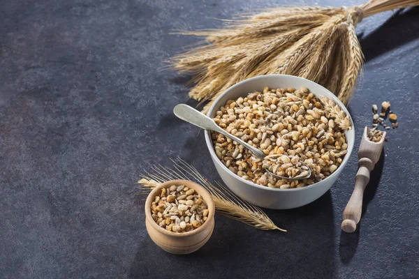 Rustieke Krokante Granola Schaal Met Zaden Tarwe Een Stenen Tafel — Stockfoto