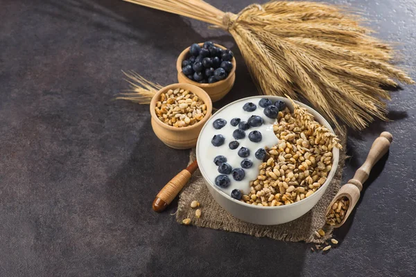 Bir kase ev yapımı gevrek yoğurt, taze yaban mersini ve arkaplanda buğday tohumu. Sağlıklı sabah kahvaltısı.