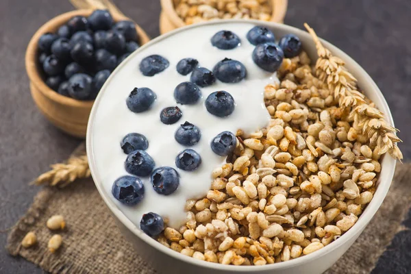 Bir kase ev yapımı gevrek yoğurt, taze yaban mersini ve arkaplanda buğday tohumu. Sağlıklı sabah kahvaltısı.