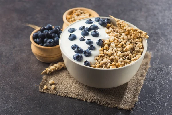 Bir kase ev yapımı gevrek yoğurt, taze yaban mersini ve arkaplanda buğday tohumu. Sağlıklı sabah kahvaltısı.