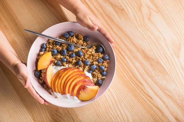 Bowl Granola Yogurt Peach Slices Bluberry Wooden Table Child Having — Stock Photo, Image