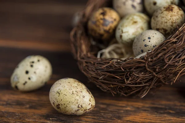 Primer Plano Huevos Codorniz Nido Sobre Fondo Madera — Foto de Stock