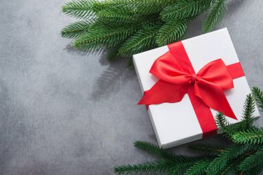 Üzerinde kırmızı kurdele ve köknar ağacı dalı olan beyaz Noel kutusu. Yeni yıl hediyesi 2019. Top view