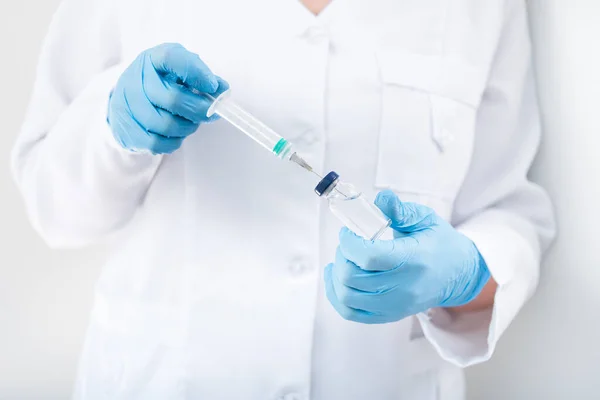 Woman Doctor Holding Flu Vaccine Syringe Hands White Background Medical — Stock Photo, Image