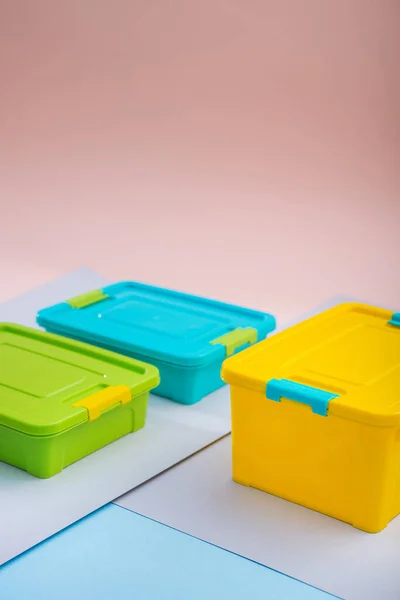 Plastic Container Box Pastel Color Background — Stock Photo, Image