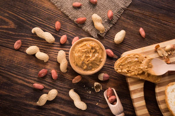 Peanut Butter Bowl Wooden Background Organic American Food Traditional Breakfast — Stock Photo, Image