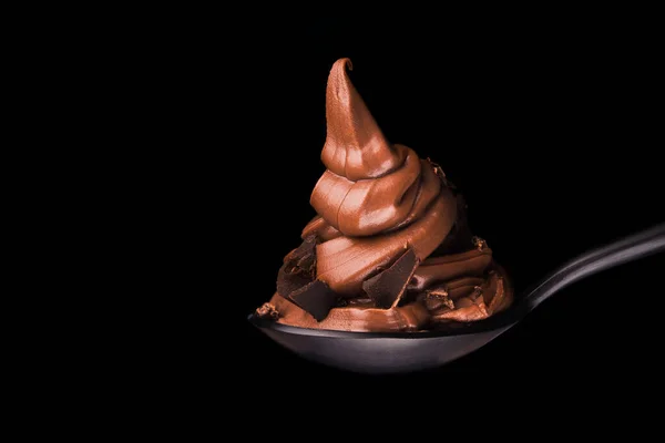 Melted Chocolate Pile Spoon Isolated Black Background — Stock Photo, Image